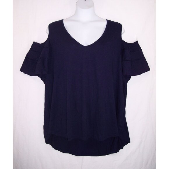NEW Roaman's 4X 34/36 Ruffle Sleeve Top With Cold Shoulder Detail Hi Low Hem - Picture 2 of 14